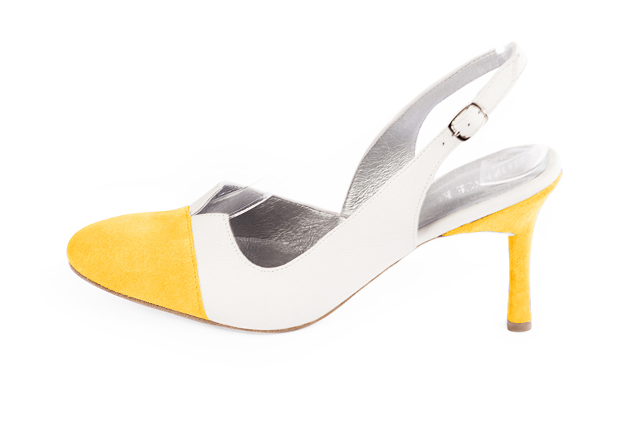 Women's yellow and off white slingback dress shoes. Round toe. High slim heel - Profile view